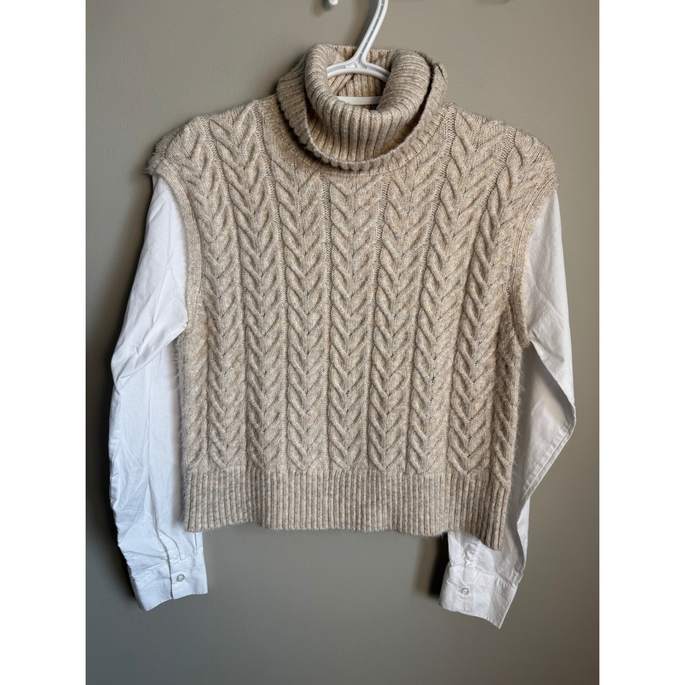 Sincerely Jules Cable Knit Turtleneck Sweater‎ Vest Twofer Shirt Beige Cream XS